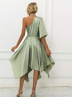 Women's Elegant One-Shoulder Asymmetrical -Line Dress with Irregular Hem - Suitable for Weddings, Parties & Proms, Machine Washable Solid Color Evening Gown, Year-Round Versatile Formal Dress - Matcha Color