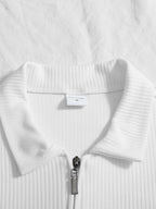 Comfortable Skin-Friendly Men'S Half-Zipper Polo Shirt Vertical Stripes Summer Business Casual All-Match Short-Sleeve Top - White