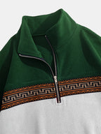 Men'S Fleece Ethnic Style Webbing Color Block Stand-Up Collar Sweatshirt Warm Casual Jacket - White