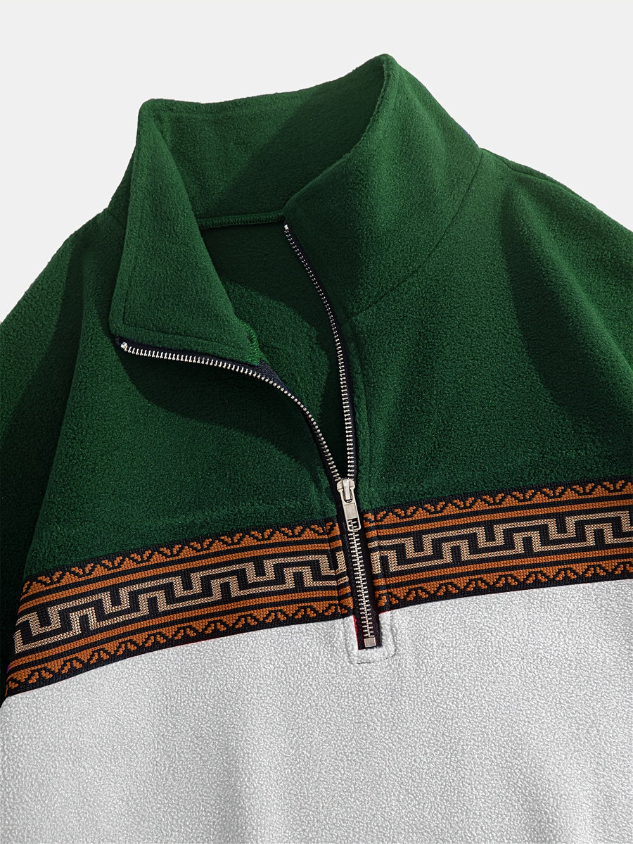 Men'S Fleece Ethnic Style Webbing Color Block Stand-Up Collar Sweatshirt Warm Casual Jacket - White