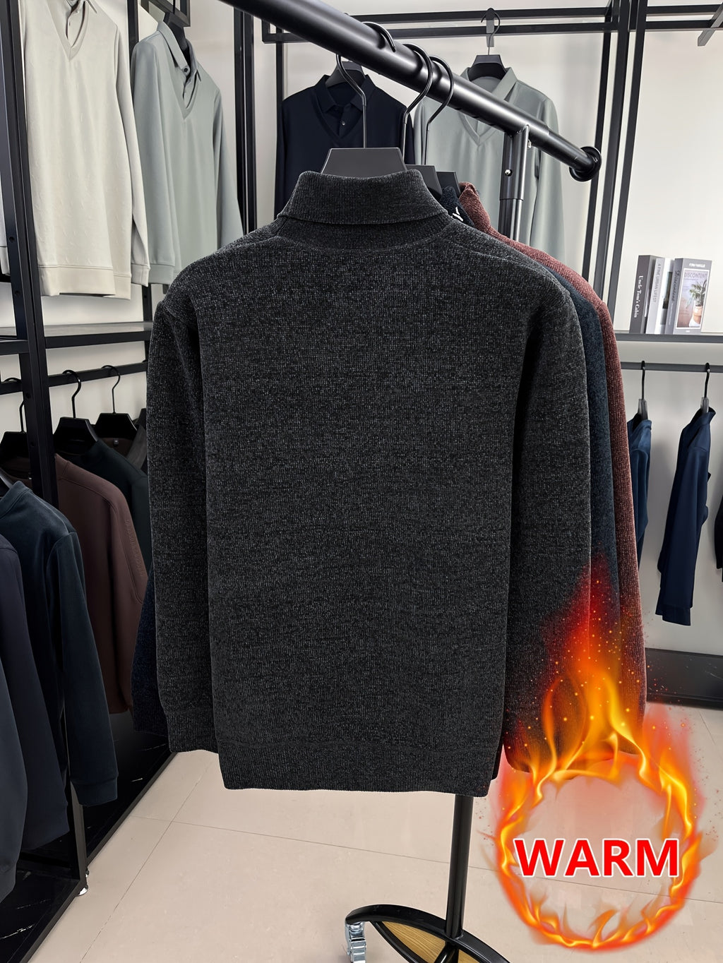 Lined Half-Turtleneck Sweater - Warm Winter Knit Sweater Suitable for City Casual, High Collar Ribbed Trim Pullover, Hand Washable Fall/Winter Sweater for Office to Weekend Wear (No Transparency) - Grey