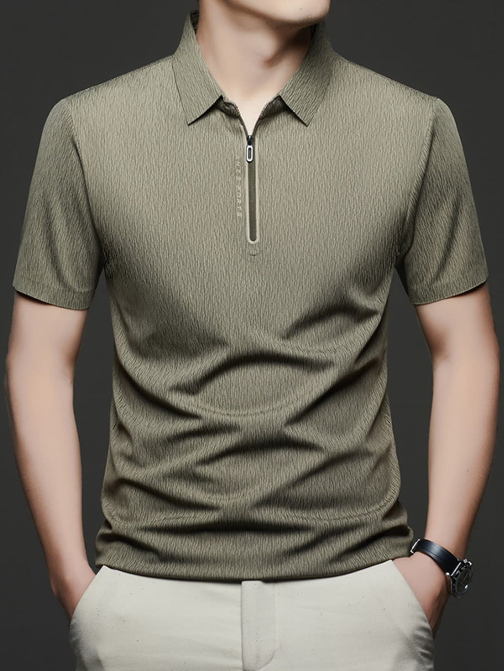 Spring/Summer Lapel Polo Shirt, Casual T-Shirt for Young and Middle-Aged, Outdoor Outings, Office Commuting, Outdoor Recreation, Urban Lapel Short-Sleeve Fashion Style, Casual Outing Top, Breathable Design, Solid Color, Casual Half-Sleeve - Military green1