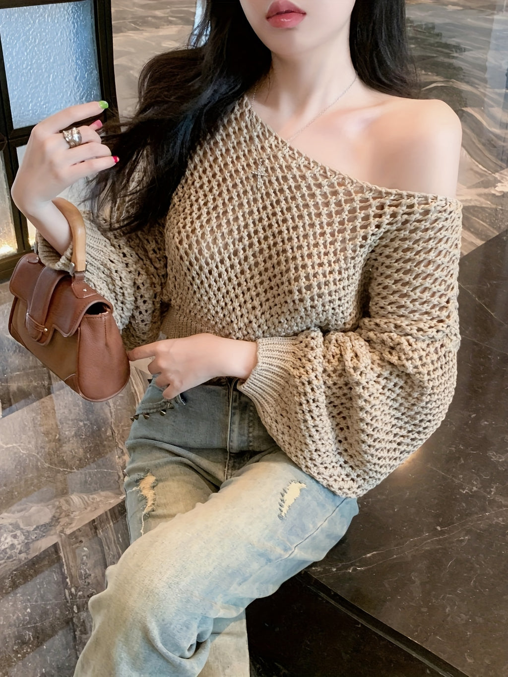 New Spring And Summer Hollow Loose Casual Breathable Elegant Long-Sleeve Top for Women - Khaki