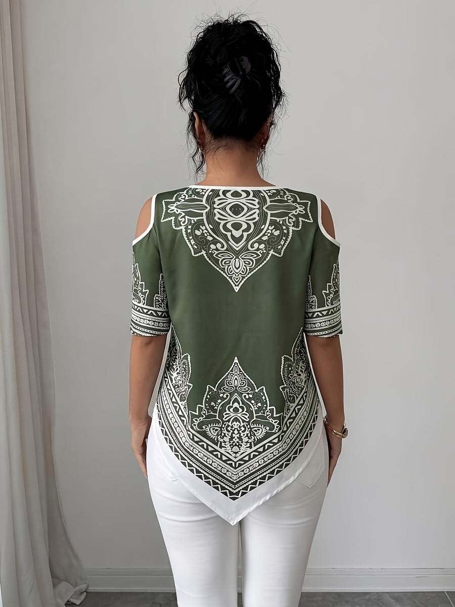 Women's Elegant Asymmetrical Hem Blouse Top - Short Sleeve Round Neck Church Shirt with Asymmetrical Hemline, Black & White Print Suitable for Commuting, Church Events, Casual Outfits, Spring Summer Fall Wardrobe Essential - Olive Green