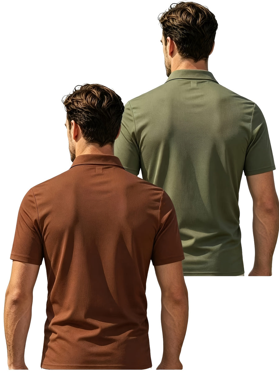 2pcs Men'S Short Sleeve Casual Athletic Polo Shirt Set, Zipper Collar, Comfortable And Breathable, Original Design - Brown is Canadian Green