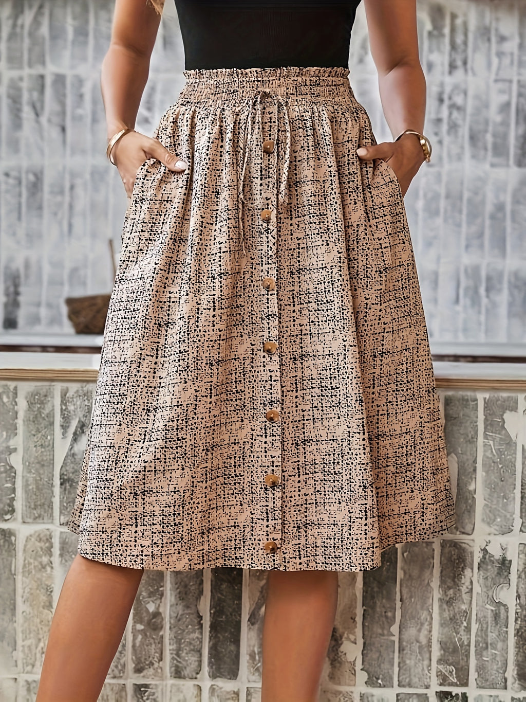 New European and American Spring/Summer/Autumn Style All-Over Print Pocket Skirt with Elastic Waistband, Elegant Design - Khaki