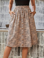 New European and American Spring/Summer/Autumn Style All-Over Print Pocket Skirt with Elastic Waistband, Elegant Design - Khaki