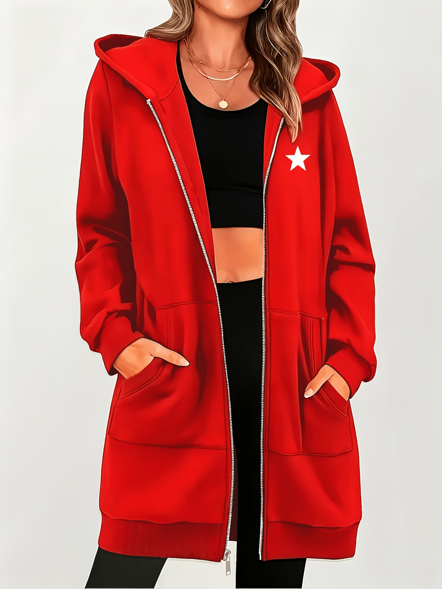 Women's Star Pattern Print Hoodie, Fashionable Zip-Up Hooded Sweatshirt for Women - Red