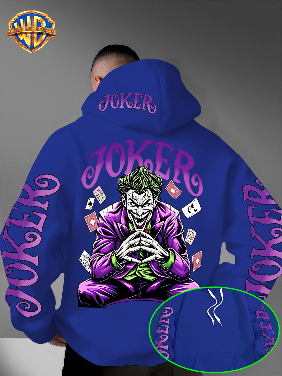 Warner Bros. Fashion Poker Joker Print, Hat Design Pattern, Multi-functional Street Style Men's Hooded Sweatshirt, Comfortable and Casual, Suitable for Autumn and Winter Wear - Blue
