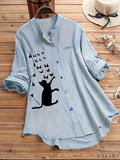 Cat & Butterfly Print Button Up Shirt, Casual Long Sleeve Shirt For Spring & Fall, Women's Clothing - Light Blue