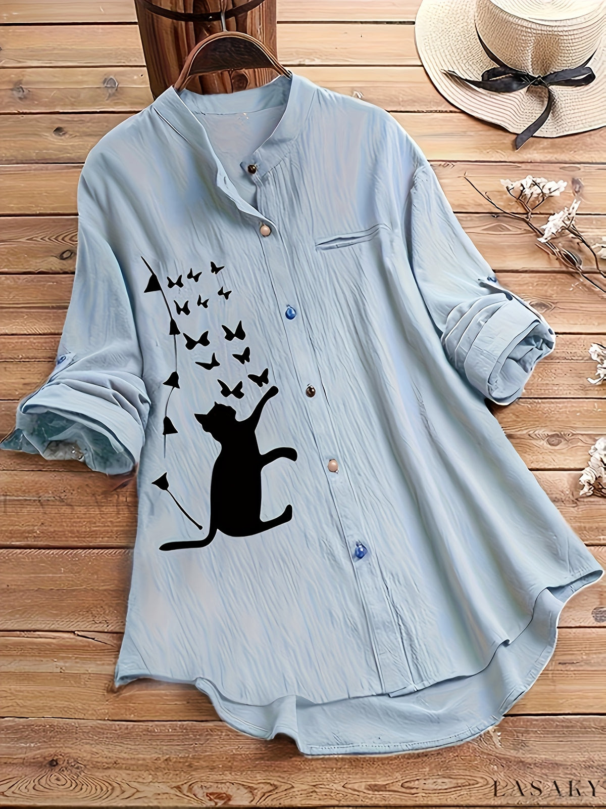 Cat & Butterfly Print Button Up Shirt, Casual Long Sleeve Shirt For Spring & Fall, Women's Clothing - Light Blue