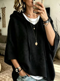 Women's Elegant Casual Three-Quarter Sleeve Drawstring Hooded Sweatshirt - Black