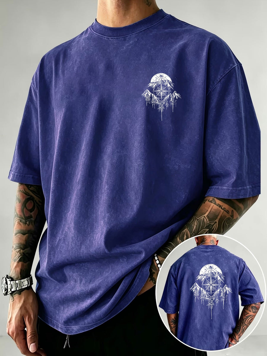 Men's Vintage Washed Heavyweight Pure Cotton Short-Sleeve T-Shirt with Nordic Compass Scenery and Mountain Forest Pine Tree Line Art Print - Blue