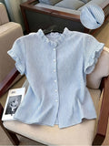 Women's Ruffle Collar Short Sleeve Single-Breasted Striped Shirt - Blue Stripes
