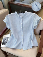 Women's Ruffle Collar Short Sleeve Single-Breasted Striped Shirt - Blue Stripes