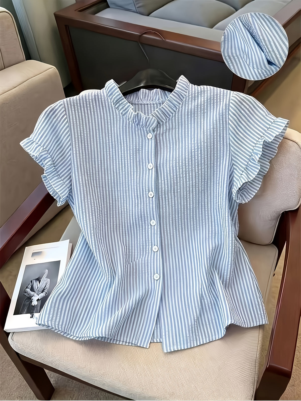 Women's Ruffle Collar Short Sleeve Single-Breasted Striped Shirt - Blue Stripes
