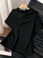 Women'S Top, Solid Color Minimalist Casual Hooded Short Sleeve Sweatshirt, Valentine'S Day Heart Pattern Print - Black