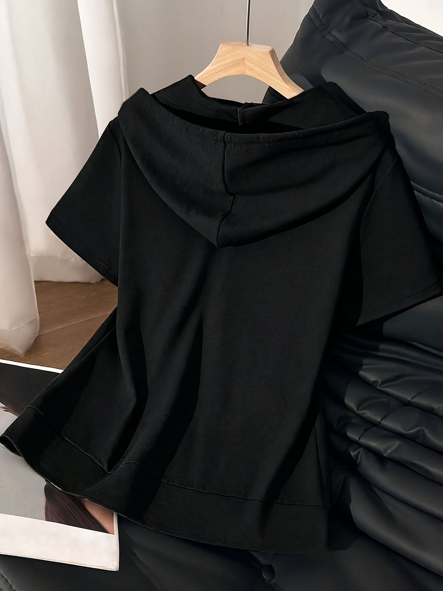 Women'S Top, Solid Color Minimalist Casual Hooded Short Sleeve Sweatshirt, Valentine'S Day Heart Pattern Print - Black