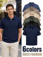 3pcs Set Random Assortment - Men'S Button- Collar Short-Sleeve Polo Shirt, Rice Ear Jacquard Design, Men'S Fashion Casual Short-Sleeve T-Shirt, Suitable for Commuting And Going Out, Color Cannot Be Specified - Mixed colors
