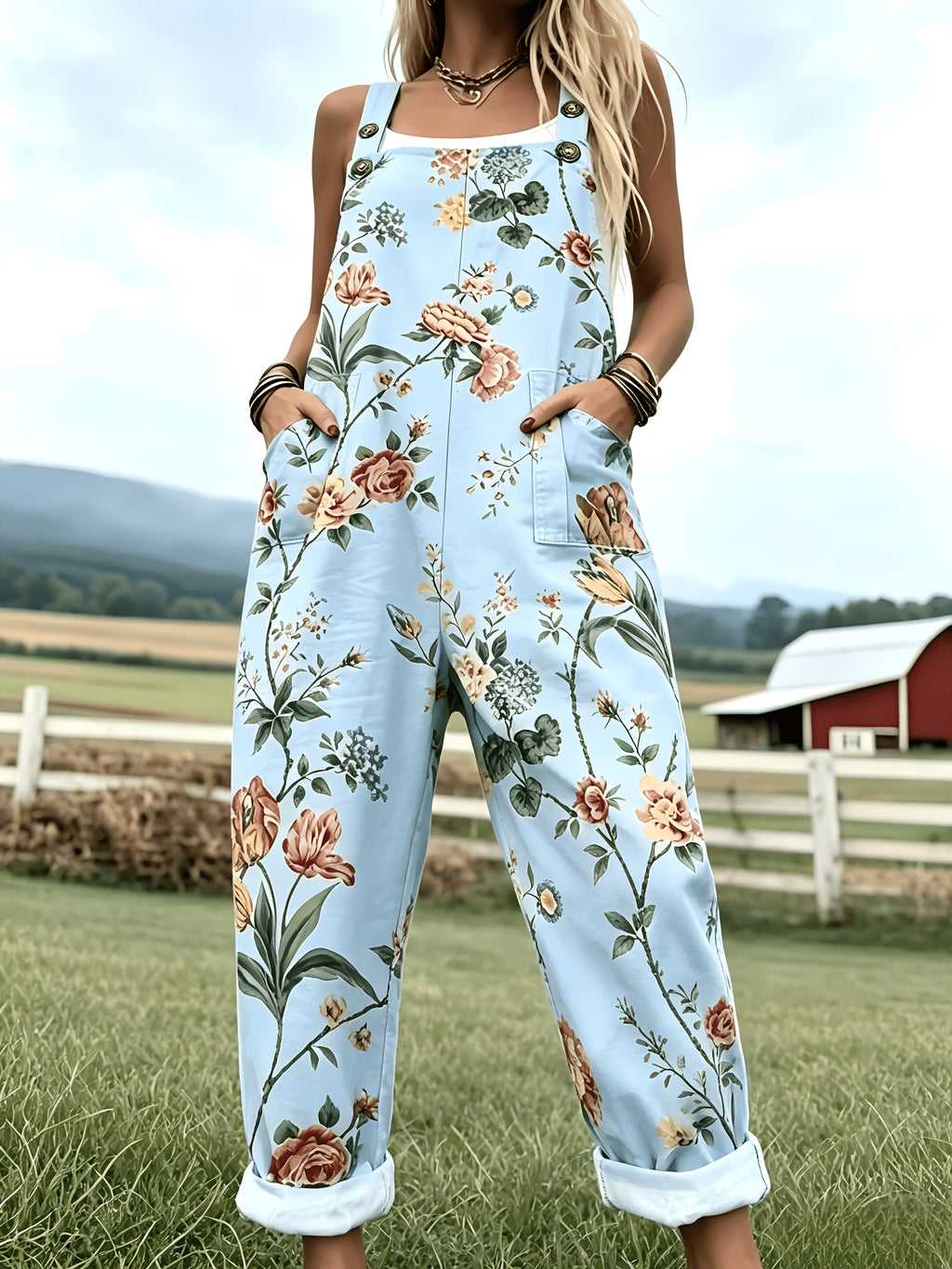 Women'S Fashion Design Versatile Overalls with Button Adjustable Straps - Cartoon Cute Floral Print A87 - Blue