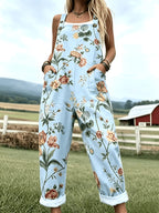 Women'S Fashion Design Versatile Overalls with Button Adjustable Straps - Cartoon Cute Floral Print A87 - Blue