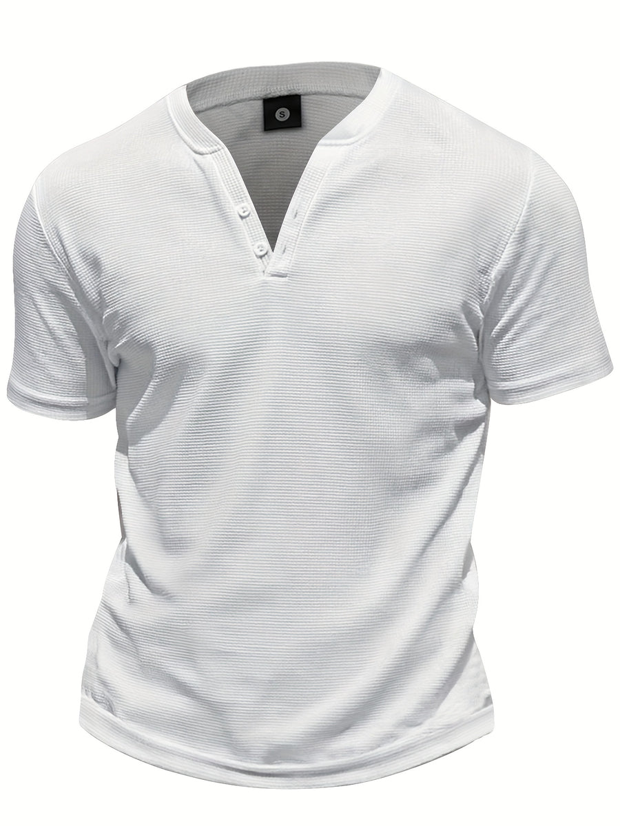 Pearson OBM Men's Henley Short Sleeve T-Shirt - Breathable Waffle Knit Summer Casual Tee with Button Front, Solid Color Round Neck, Machine Washable for Outdoor & Casual Attire, Stylish Button Detail, Lightweight Fabric, Easycare Material - White