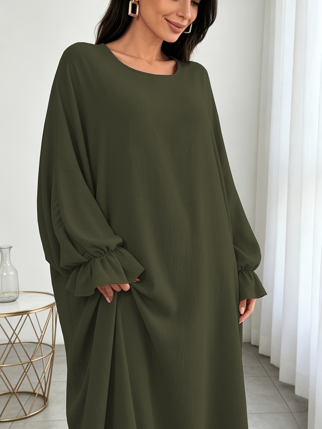 1pc Moisture-Wicking Breathable Fabric Loose Comfortable Batwing Dress Casual All-Match Abaya Suitable for Women'S Daily Wear Without Headscarf, Summer Abaya Women Abaya Women Muslim Dress Robe Summer Abaya Women - Olive Green