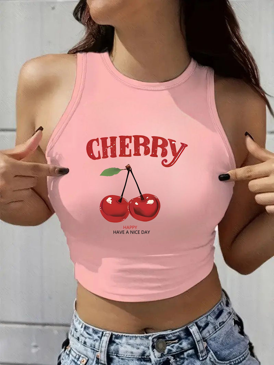 Women's Y2K Elegant Fashion Autumn/Summer Round Neck Tank Top, Cherry Print, Soft Fabric, Machine Washable Comfortable Knitwear, Trendy All-Season Street Style, Popular Loose-Fit Comfortable Multi-Color Option, Breathable Trendy Casual Top - Pink