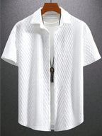 Men's Summer Casual Short-Sleeve Shirt, Jacquard Cardigan, for Daily Commuting, Casual and Relaxed, Loose and Breathable, for Fishing, Basketball, Camping, Beach - White