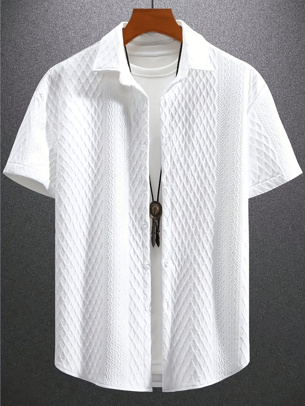 Men's Summer Casual Short-Sleeve Shirt, Jacquard Cardigan, for Daily Commuting, Casual and Relaxed, Loose and Breathable, for Fishing, Basketball, Camping, Beach - White