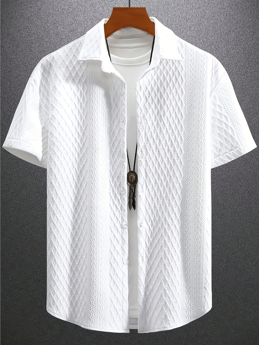 Men's Summer Casual Short-Sleeve Shirt, Jacquard Cardigan, for Daily Commuting, Casual and Relaxed, Loose and Breathable, for Fishing, Basketball, Camping, Beach - White