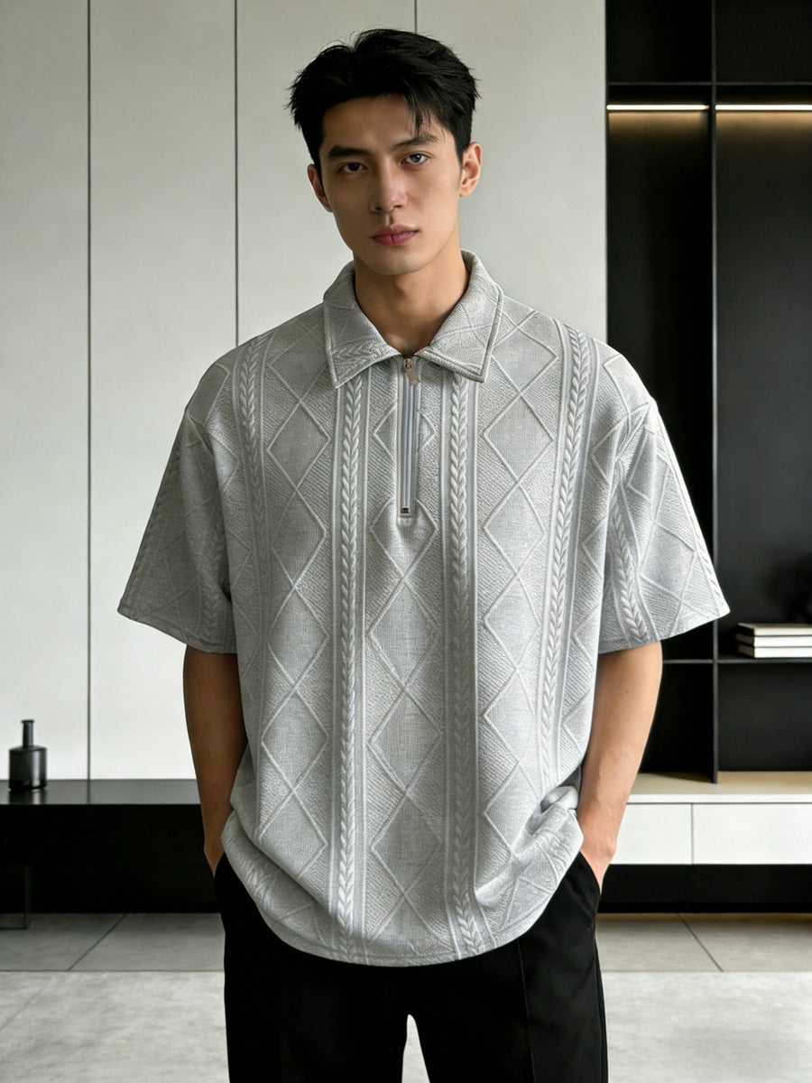Men'S Summer New Premium Loose Short Sleeve Half-Zip Collar Polo Shirt Jacquard Short Sleeve T-Shirt - Grey