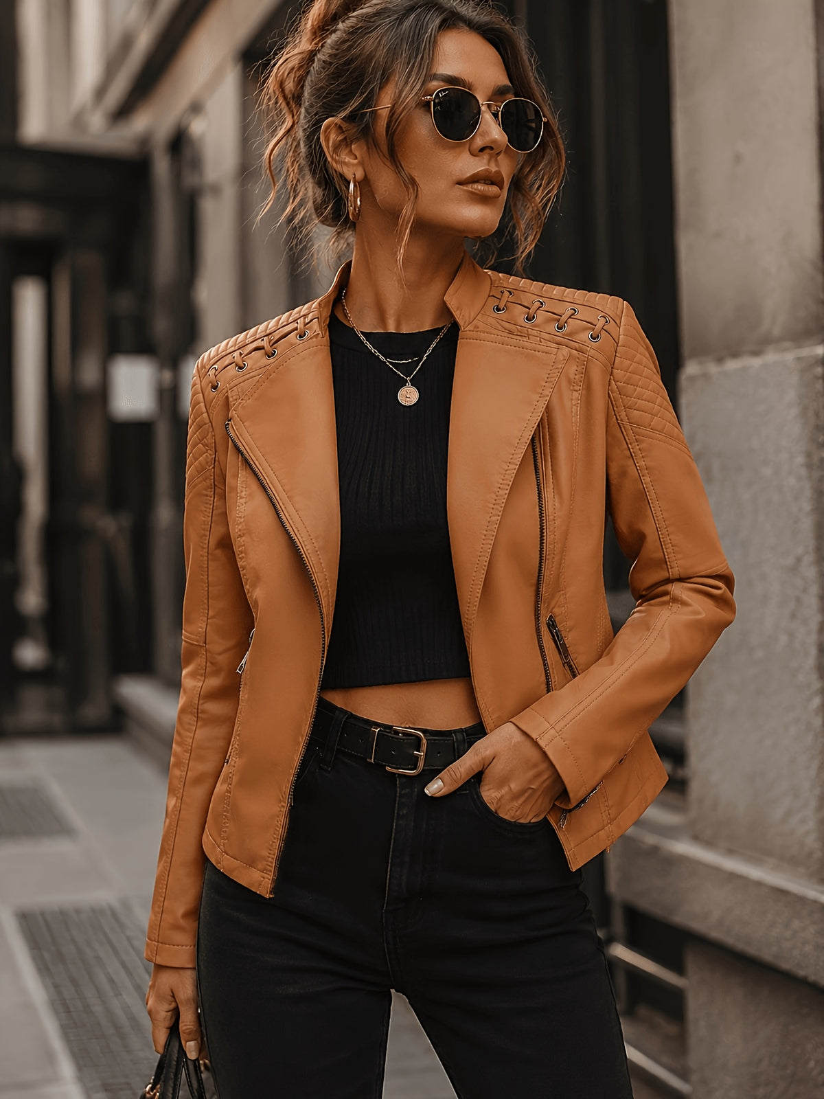 In-Stock/Women'S Casual PU Jacket, Women'S Biker Coat, Spring Autumn Motorcycle Jacket, Vacation Travel Outerwear, Retro Fashion Design - Camel