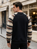 Men's Autumn/Winter Crew Neck Plush Sweatshirt, Raglan Sleeve Plush Sweatshirt, Featuring a Stylish Plush Color Block Patchwork Pattern and Solid Color Design, Made from Wrinkle-resistant Soft Knitted Fabric, It Is Highly Practical - Black