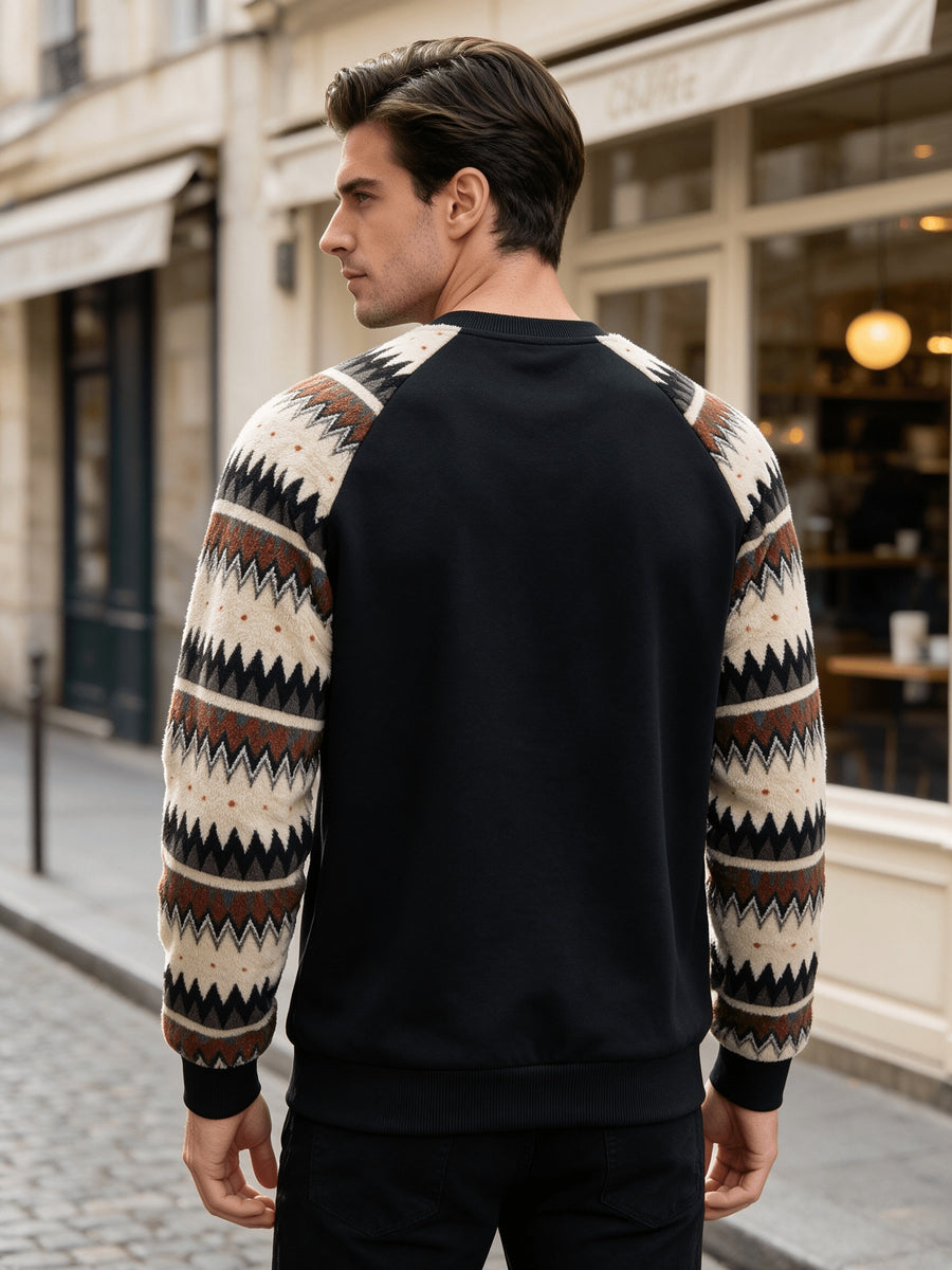 Men's Autumn/Winter Crew Neck Plush Sweatshirt, Raglan Sleeve Plush Sweatshirt, Featuring a Stylish Plush Color Block Patchwork Pattern and Solid Color Design, Made from Wrinkle-resistant Soft Knitted Fabric, It Is Highly Practical - Black