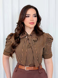 Short Sleeve Striped Shirt with Bubble Sleeves and Bow Tie - Light Brown-1