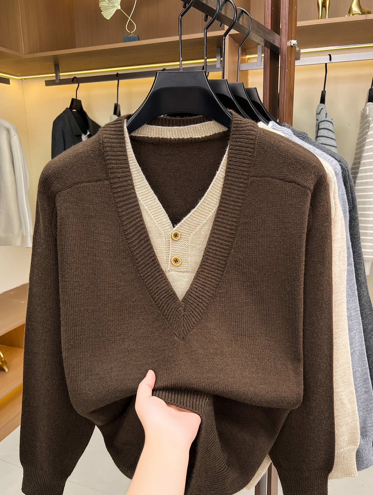 Autumn Winter New Faux Two-Piece Knit Sweater Retro Color-Block V-Neck Sweater Loose Double-Button Long Sleeve Pullover Business Casual All-Match Warm Base Layer Top Men'S Clothing - Coffee Color