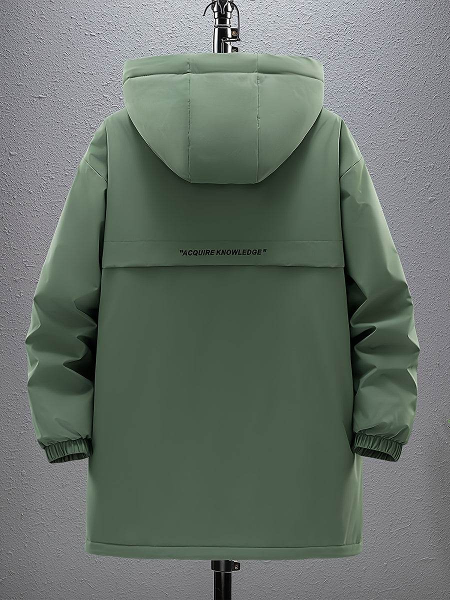 Men's Mid-Length Solid Color Hooded Trench Coat for Autumn and Winter, Suitable for Outdoor Daily Casual Fashion, Available in Black and Green - fern green