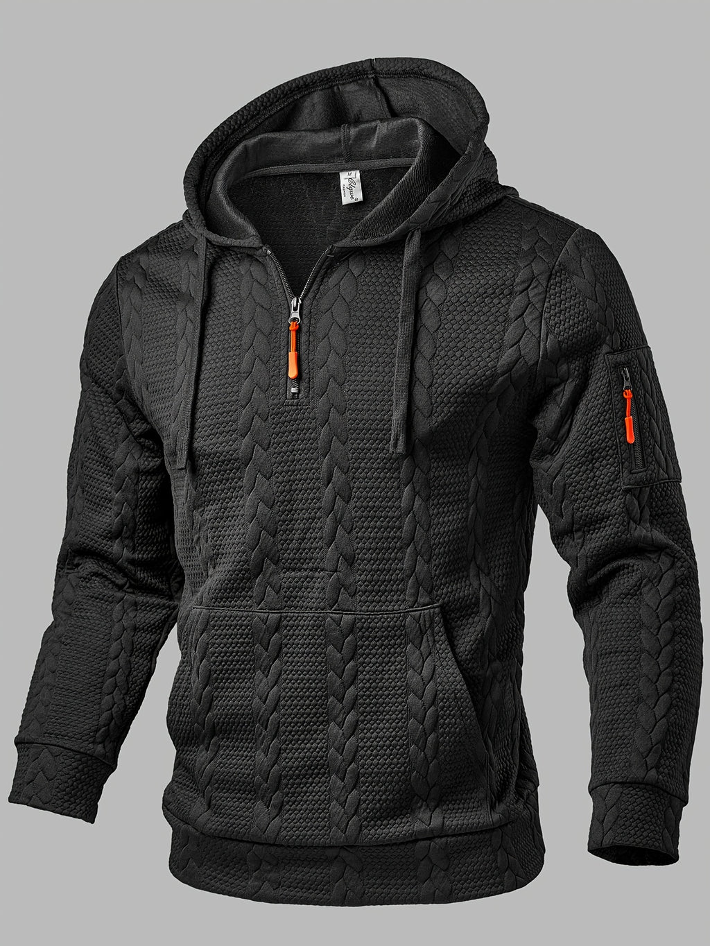 Men's Fashion Jacket, Autumn/Winter Wheat Ear Texture Jacquard Fabric with Random Pattern, Hooded Drawstring Long Sleeve Pullover with Arm Pocket Patchwork - Black