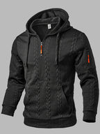 Men's Fashion Jacket, Autumn/Winter Wheat Ear Texture Jacquard Fabric with Random Pattern, Hooded Drawstring Long Sleeve Pullover with Arm Pocket Patchwork - Black