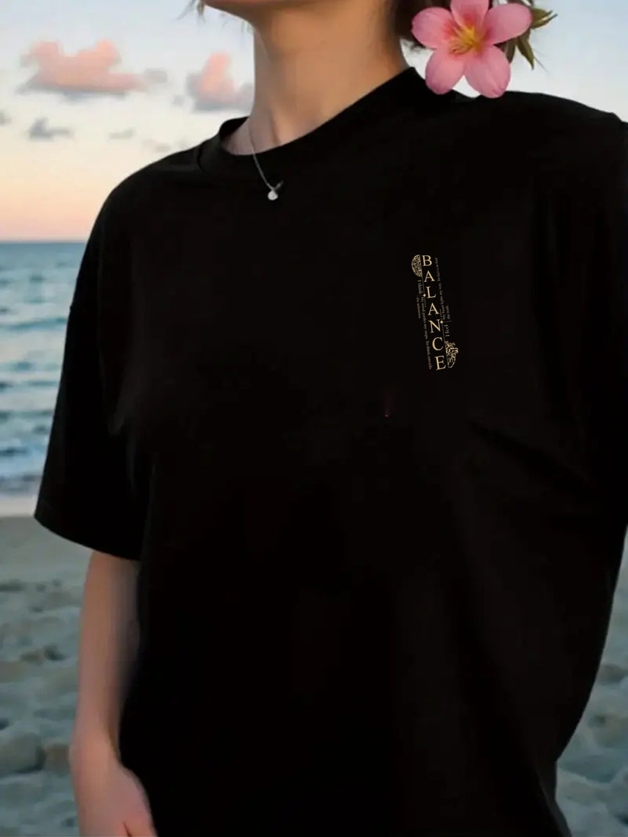 Women's Front And Back Printed T-Shirt, Featuring a Design That Symbolizes Inner Balance. This Stylish And Casual Short-Sleeve Top Is Suitable for And Casual Attire Throughout The Seasons, with a Fun Printed Design - Black