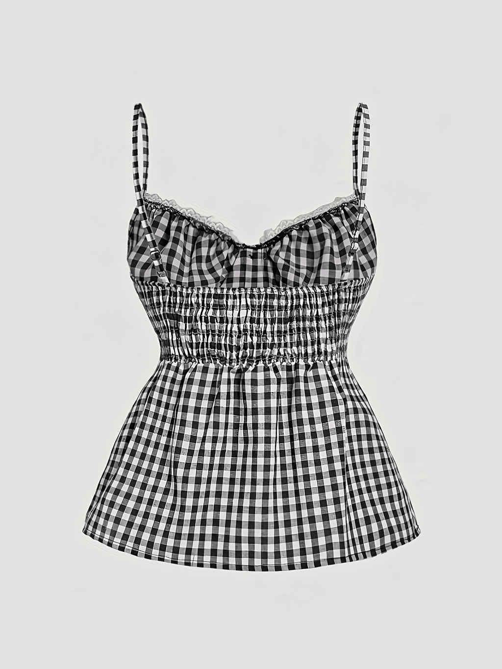 Women's Plaid Button Lace Trim Spliced Spaghetti Strap Top - Black