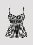 Women's Plaid Button Lace Trim Spliced Spaghetti Strap Top - Black