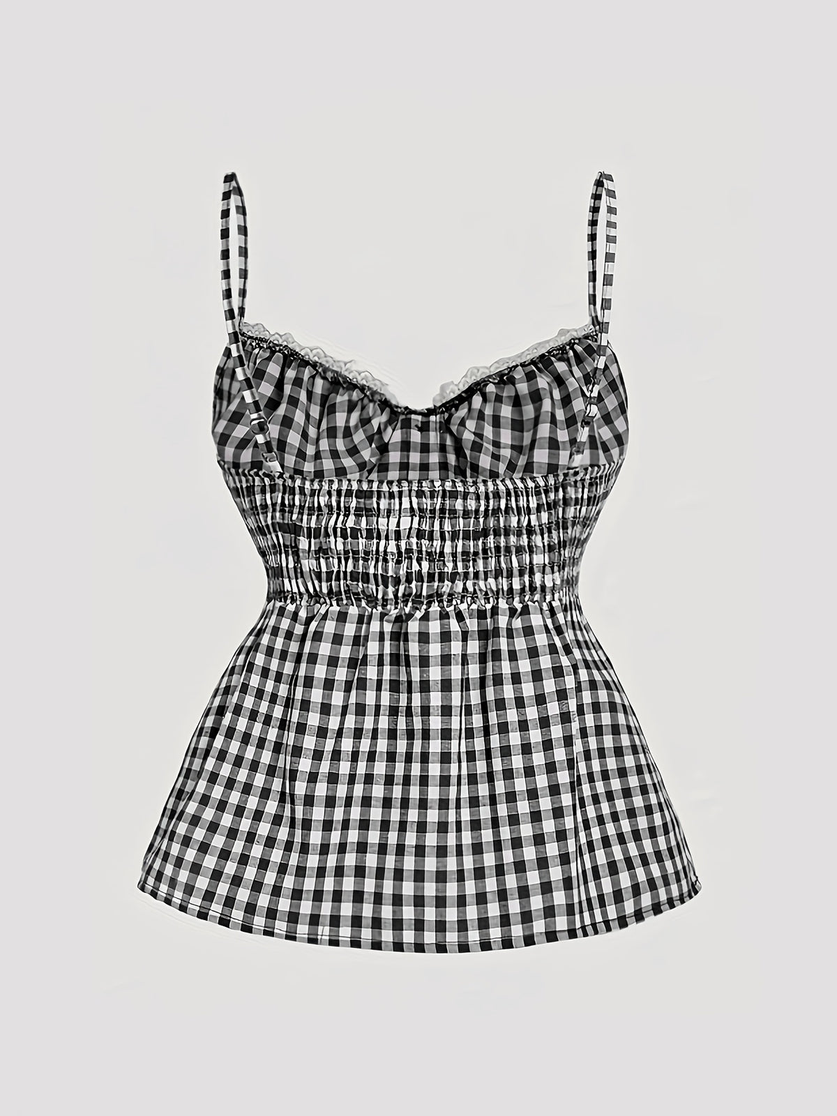 Women's Plaid Button Lace Trim Spliced Spaghetti Strap Top - Black