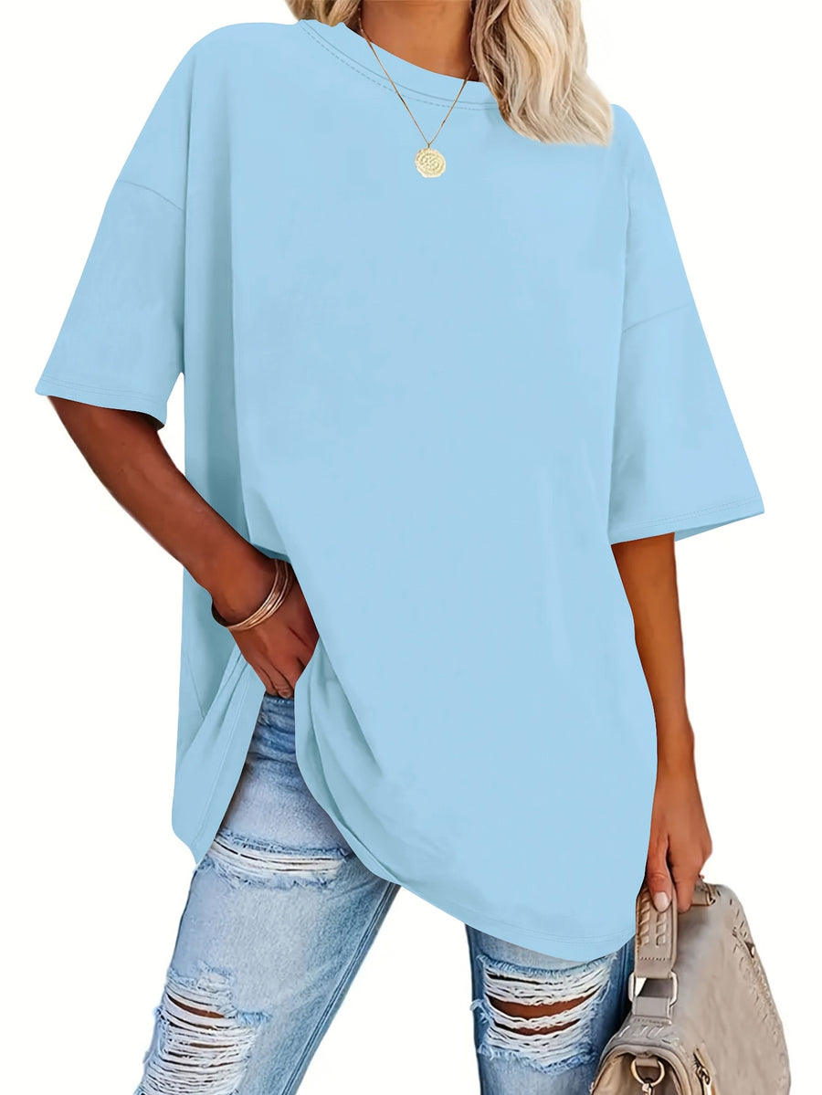A Very Trendy Solid-color Women's Fashion T-shirt That Is Perfect for Spring and Summer, and Versatile Enough for All Seasons and All Body Types! - Sky Blue