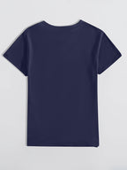 Women's Casual Short Sleeved T-shirt - M Letter Pattern Print, Regular Round Neck Top, Suitable for All Seasons, Women's Clothing - Navy Color