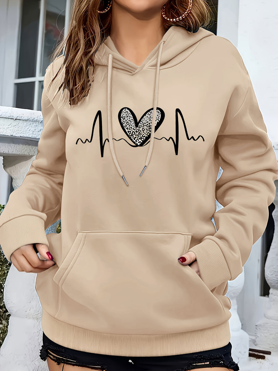 Fashion Hooded Sweatshirt For Women | Regular Fit, Heart Pattern, Drawstring Detail, Ideal For Fall/Winter - Apricot
