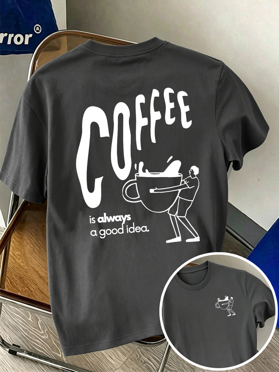 Men'S 100% T-Shirt, Coffee Character Print, Soft Breathable Comfortable Casual, All-Season Daily Commute - Dark Gray