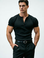 American Vintage Henley Knit Short Sleeve Top, Men'S Slim Fit T-Shirt, Square Shoulder Cut Enhances Shoulder Lines, Vertical Striped Elastic Fabric Moisture-Wicking And Breathable, Suitable for Commuting Office, Fitness Training, Travel Vacation - Black