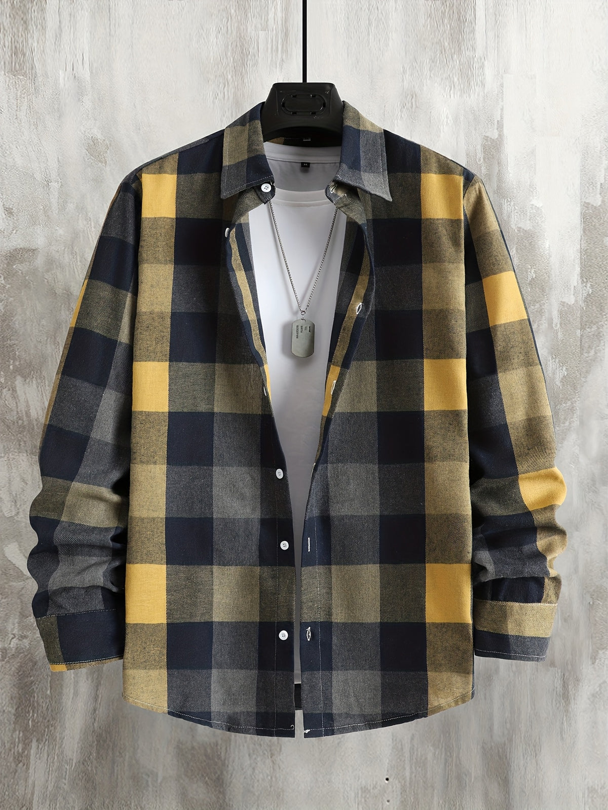 Home Men'S Autumn Single-Button Casual Checkered Shirt, Long Sleeve - Khaki
